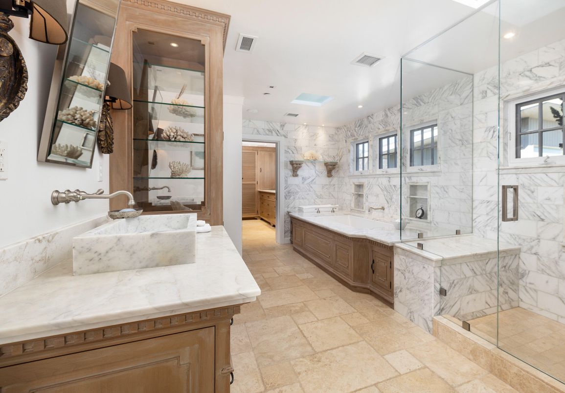 Bathroom, Dual Sink Vanities, Glass Shower, Interior, Marble Walls, Recessed Lighting