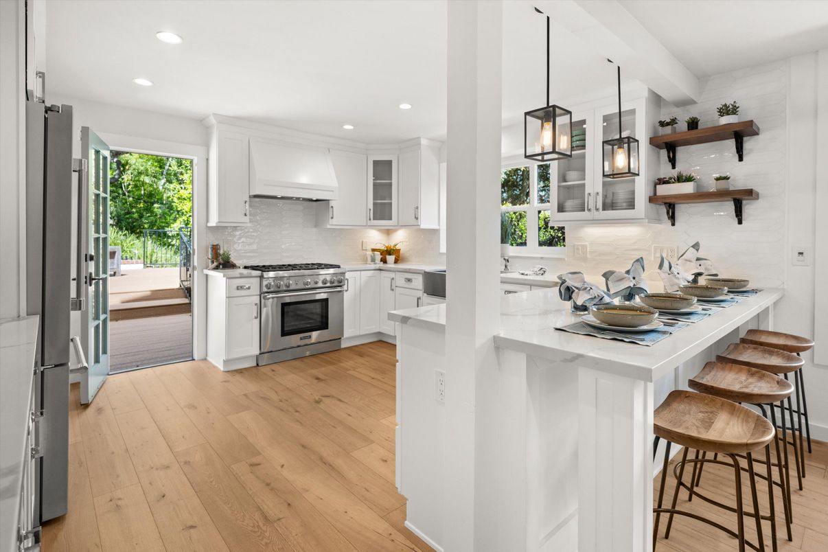 Interior, Kitchen, Pendant Lights, Recessed Lighting, Stainless Steel Appliances, Wood Texture Flooring