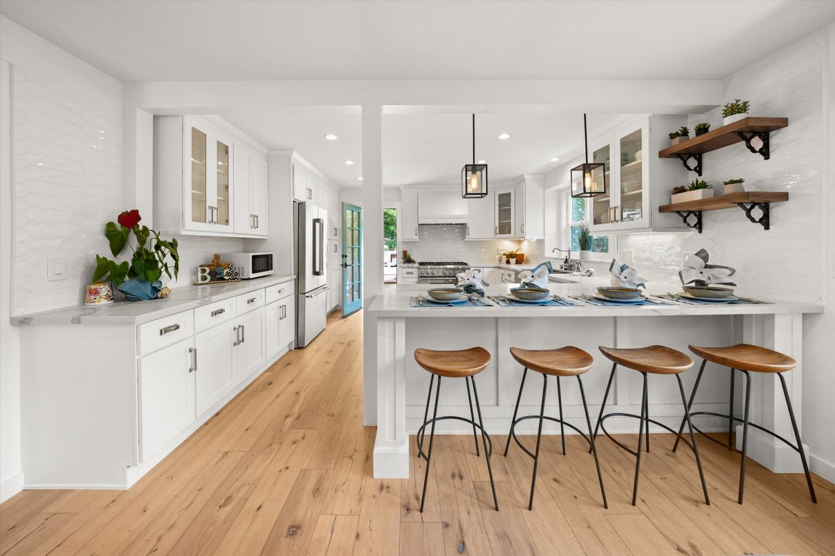 Interior, Kitchen, Pendant Lights, Recessed Lighting, Stainless Steel Appliances, Wood Texture Flooring