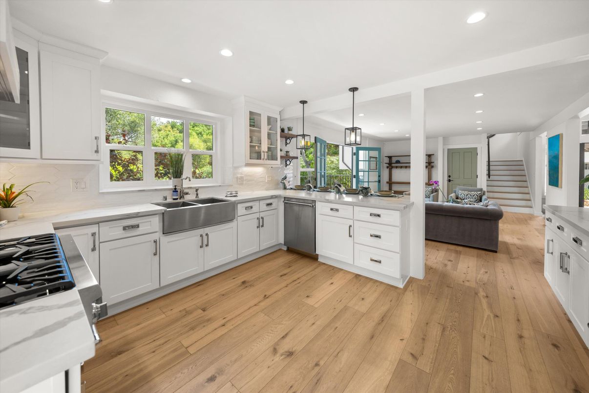 Interior, Kitchen, Pendant Lights, Recessed Lighting, Stainless Steel Appliances, Wood Texture Flooring