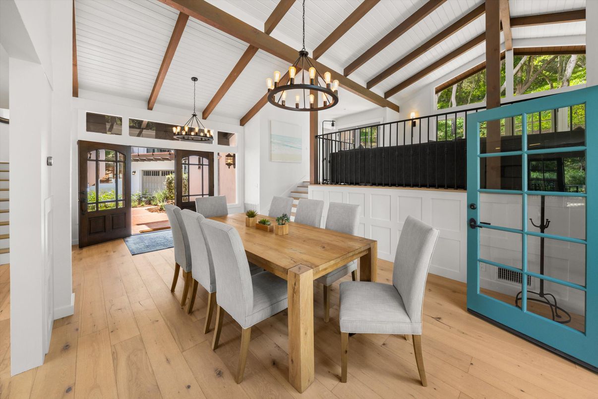 Chandelier, Dining room, Interior, Wooden Beams, Wood Texture Flooring