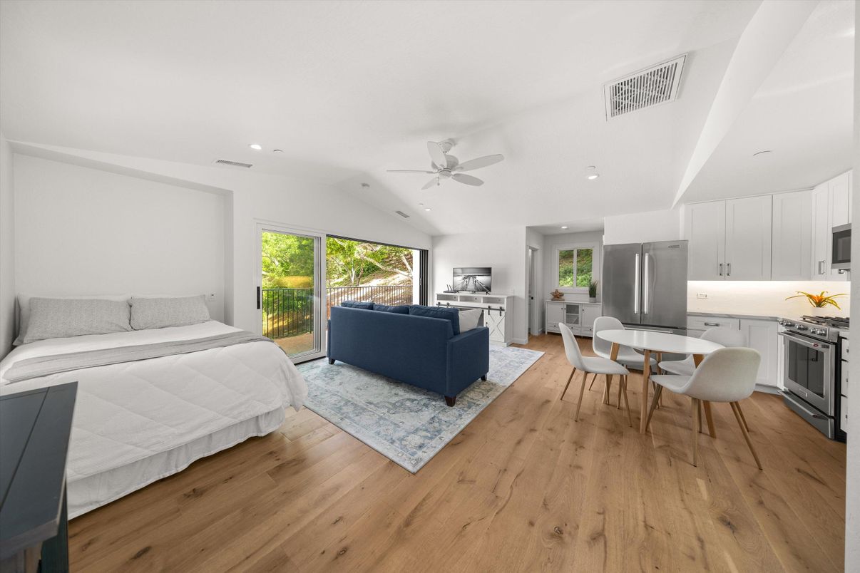 Bedroom, Dining room, Interior, Kitchen, Living room, Recessed Lighting, Wood Texture Flooring