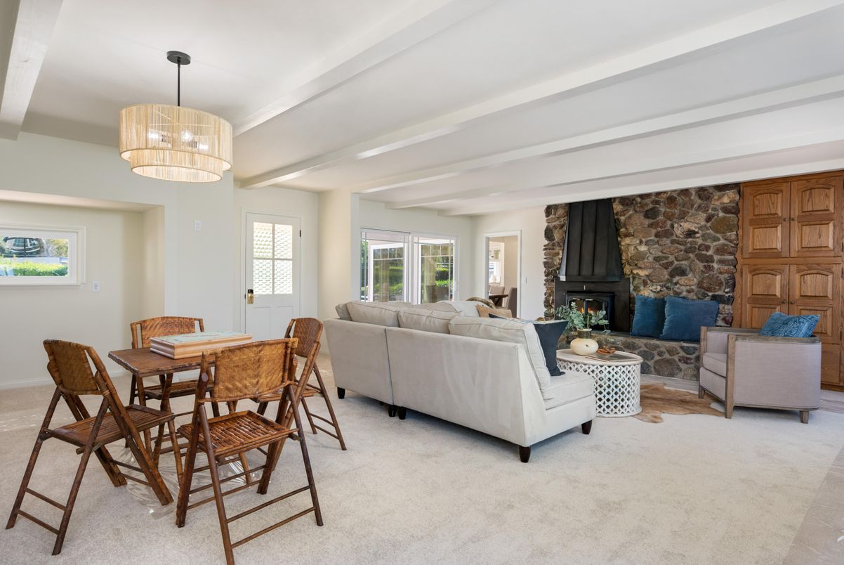 Dining room, Fireplace, Interior, Living room, Pendant Lights, Stone Walls
