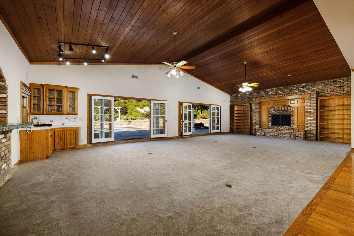Empty room, Fireplace, Interior, Stone Walls, Wooden Ceilings
