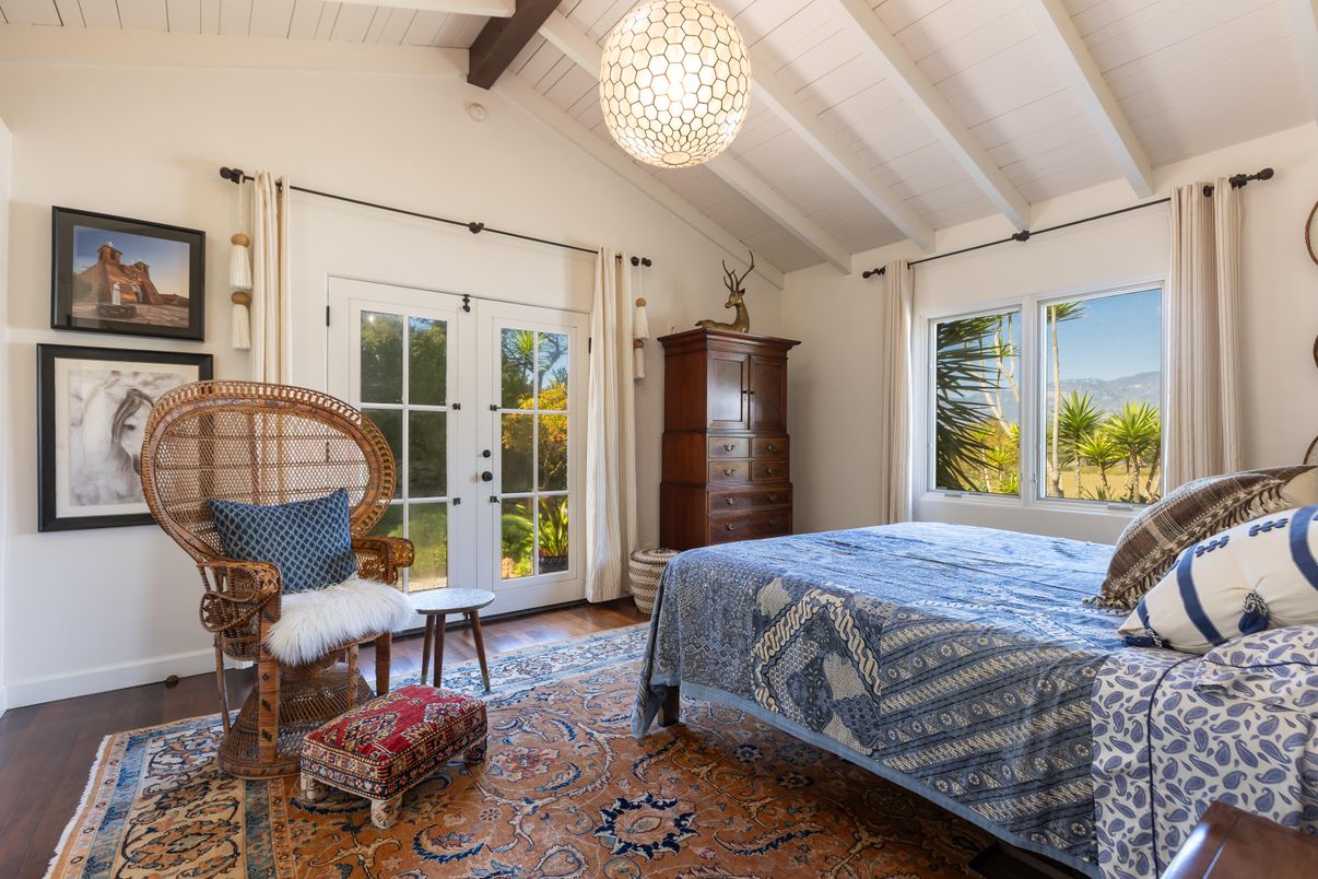 Bedroom, Chandelier, Interior, Pendant Lights, Wooden Beams, Wood Texture Flooring