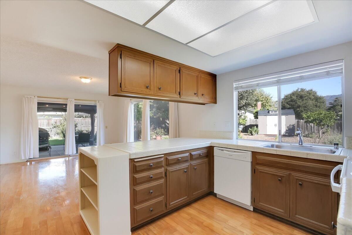 Interior, Kitchen, Tile Countertops, Wood Texture Flooring