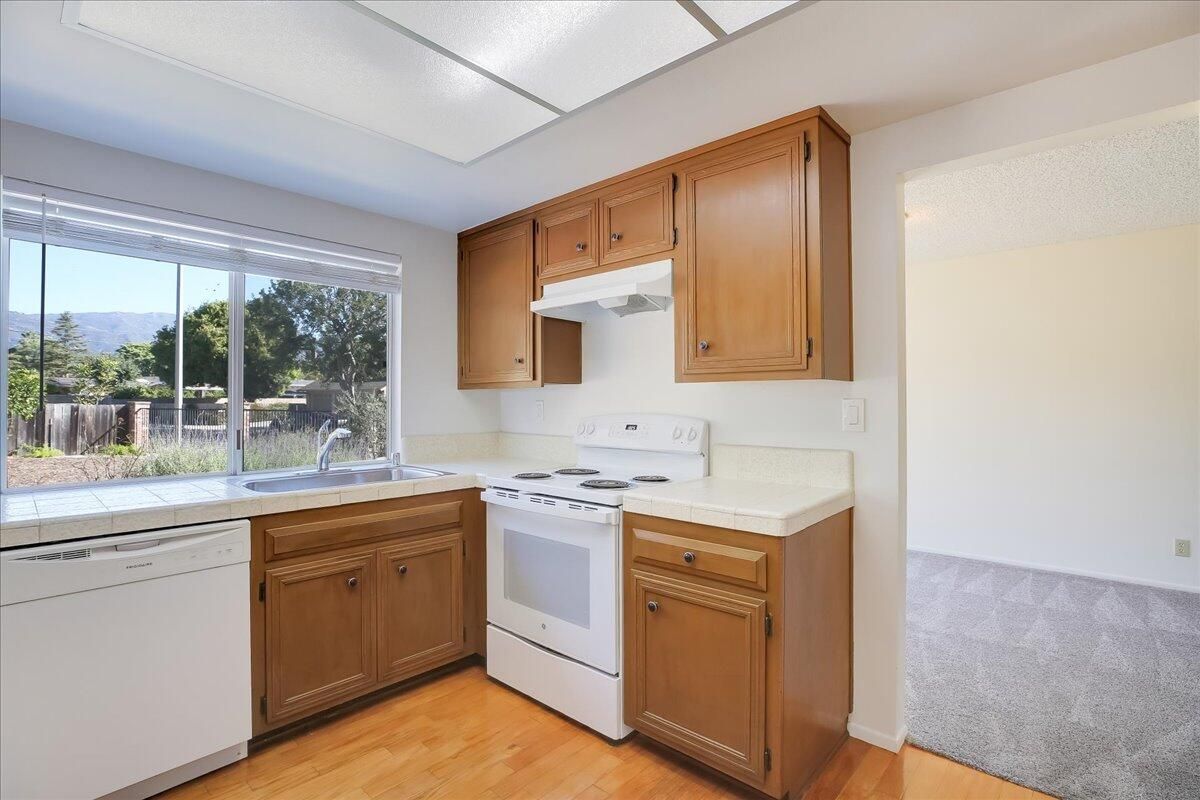 Interior, Kitchen, Tile Countertops, Wood Texture Flooring