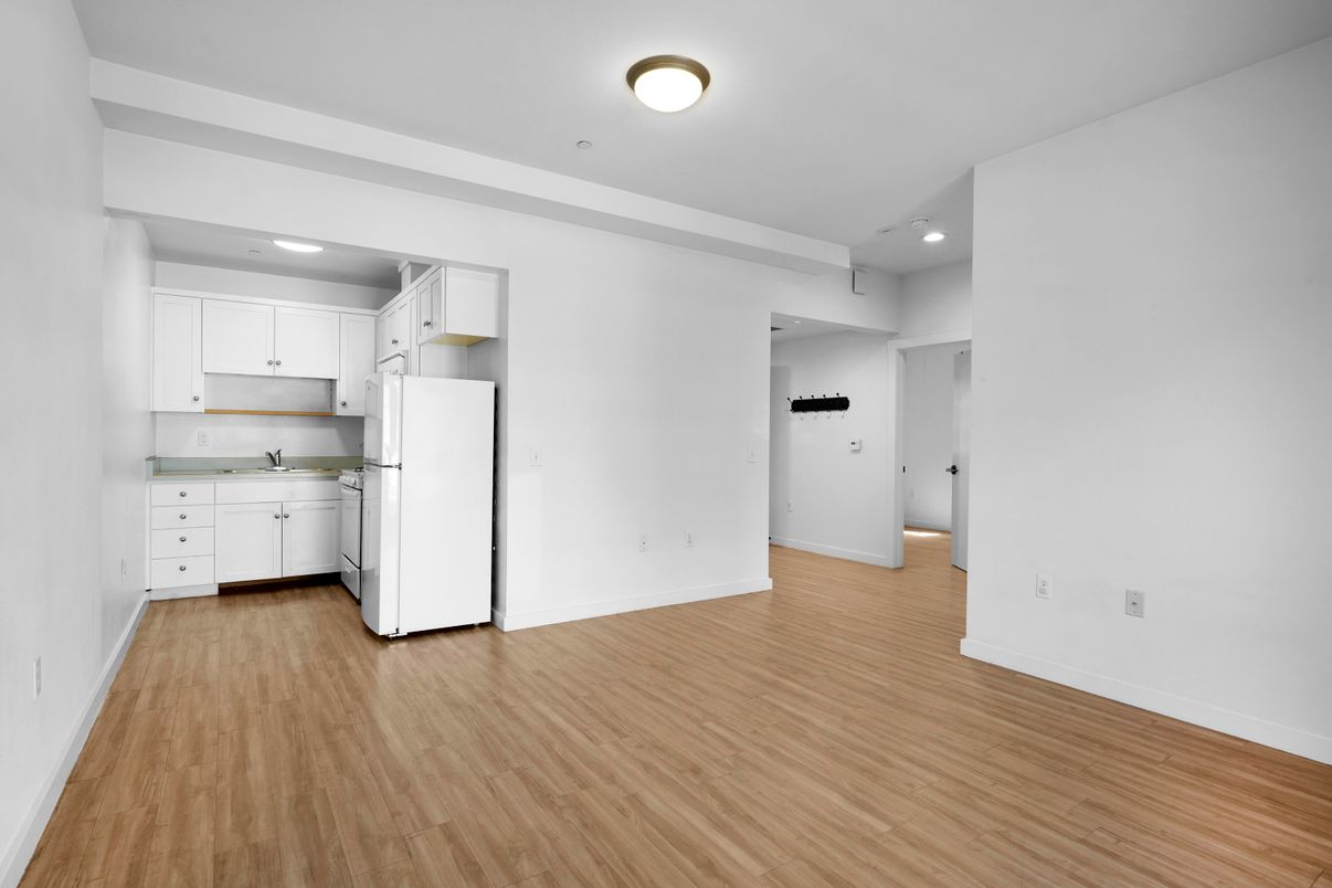 Empty room, Interior, Kitchen, Recessed Lighting, Wood Texture Flooring