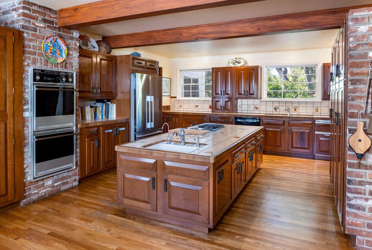 Interior, Kitchen, Stainless Steel Appliances, Stone Walls, Tile Countertops, Wooden Beams, Wood Texture Flooring