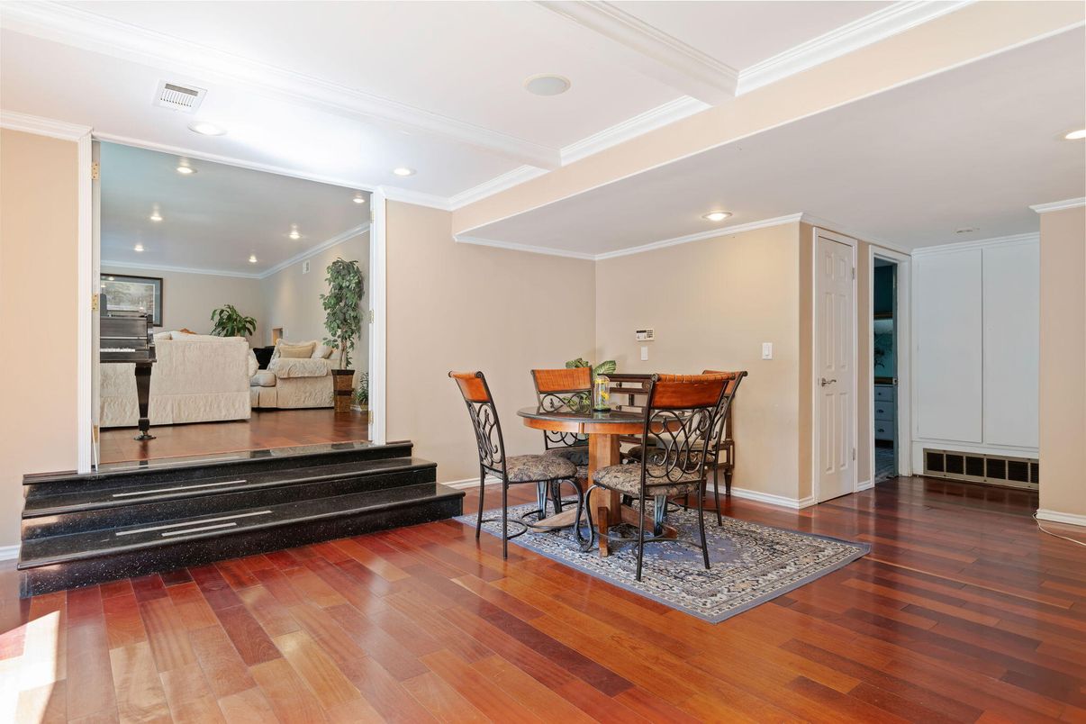 Dining room, Interior, Recessed Lighting, Wood Texture Flooring