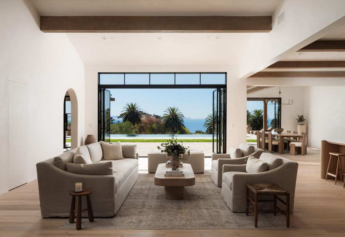 Dining room, Interior, Living room, Recessed Lighting, Water, Wooden Beams, Wood Texture Flooring