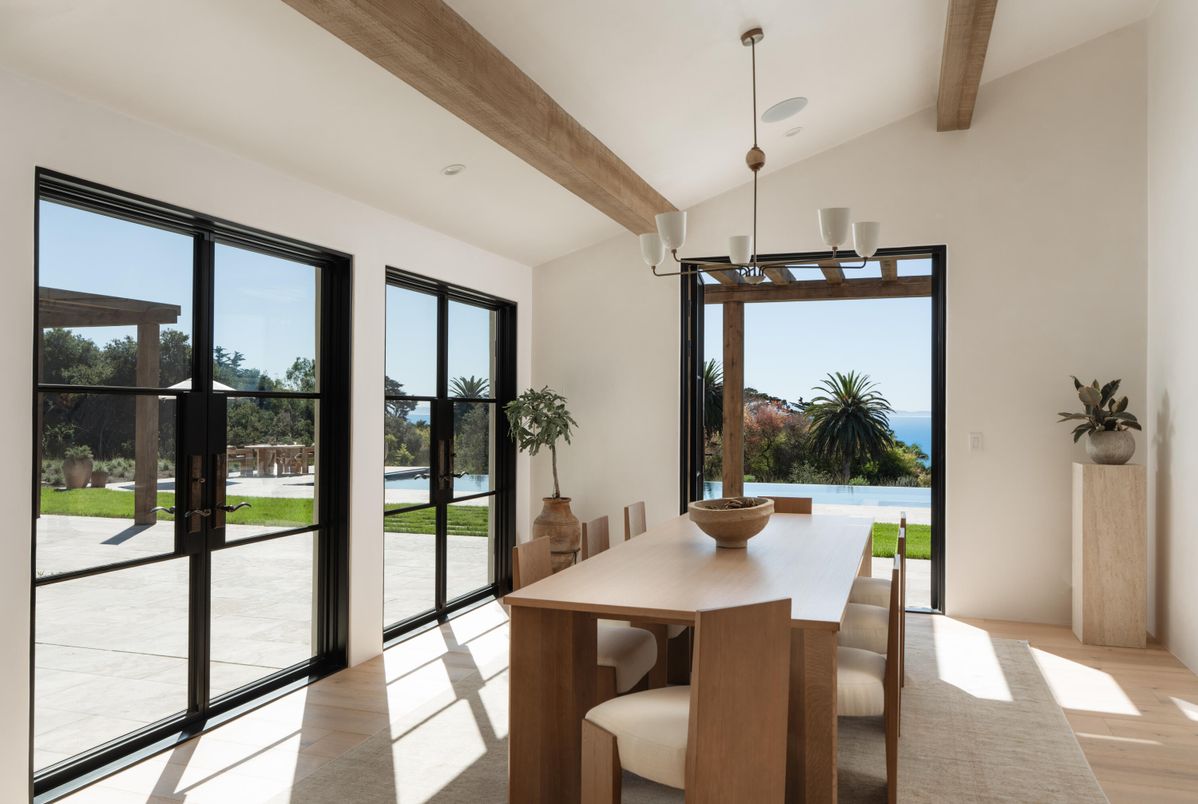 Dining room, Interior, Pendant Lights, Recessed Lighting, Water, Wooden Beams, Wood Texture Flooring