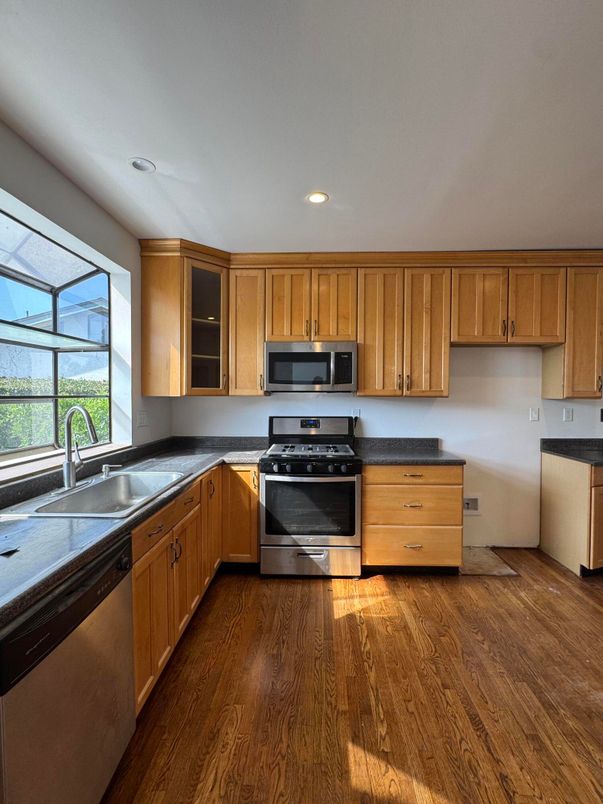 Interior, Kitchen, Recessed Lighting, Stainless Steel Appliances, Wood Texture Flooring