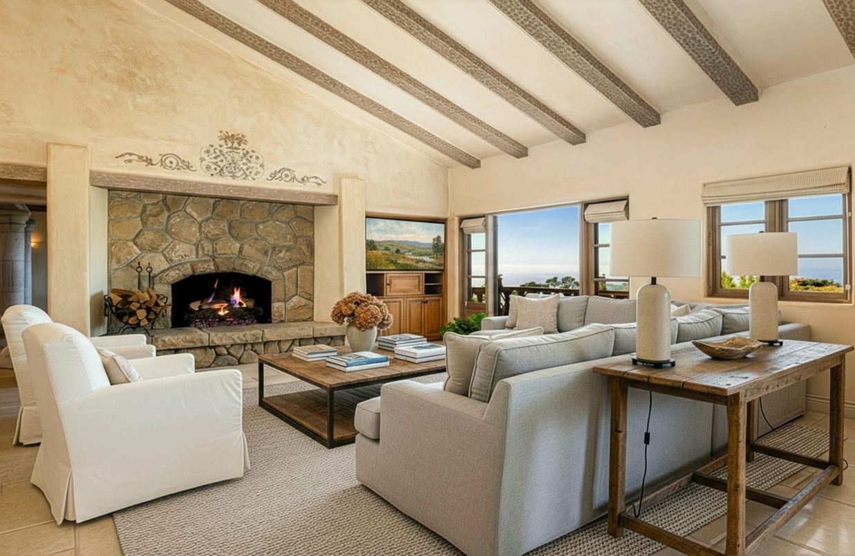 Fireplace, Interior, Living room, Water, Wooden Beams