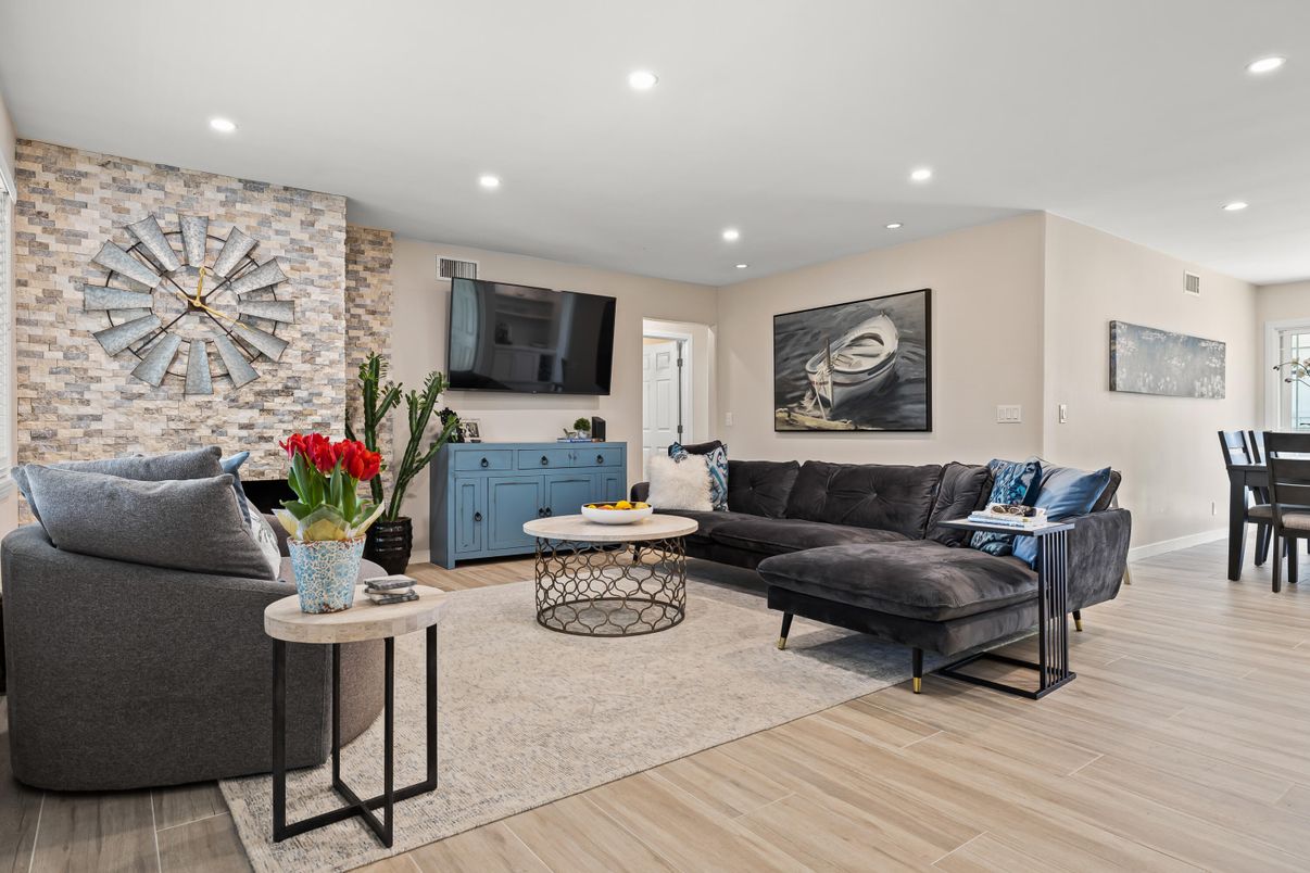 Dining room, Interior, Living room, Recessed Lighting, Stone Walls, Wood Texture Flooring