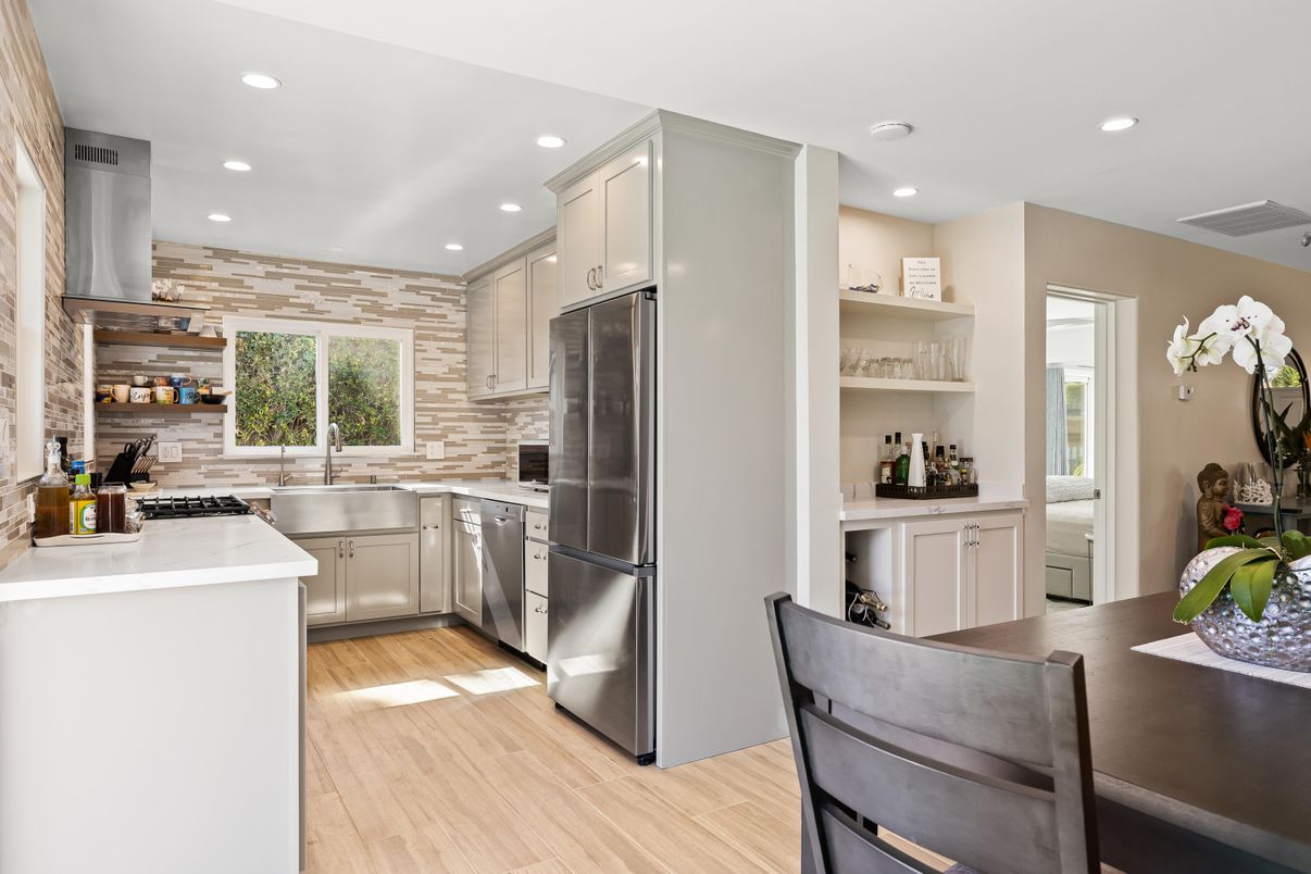 Interior, Kitchen, Recessed Lighting, Stainless Steel Appliances, Stone Walls, Wood Texture Flooring