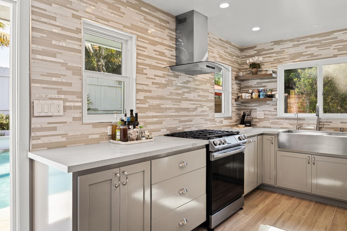 Interior, Kitchen, Recessed Lighting, Stainless Steel Appliances, Stone Walls, Wood Texture Flooring, Wooden Walls