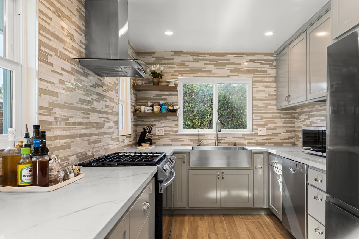 Interior, Kitchen, Recessed Lighting, Stainless Steel Appliances, Stone Walls, Wood Texture Flooring