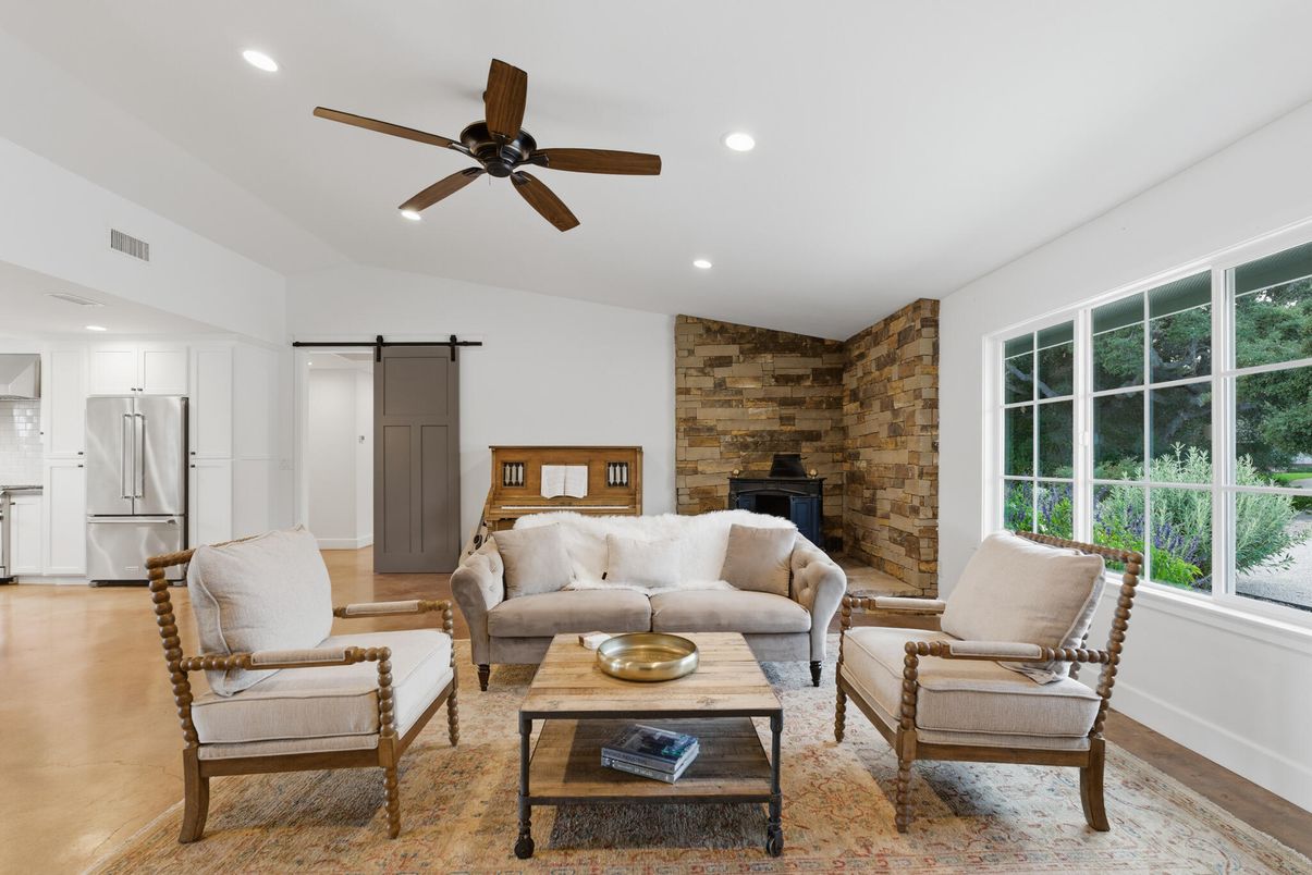 Fireplace, Interior, Kitchen, Living room, Recessed Lighting, Stone Walls, Wood Texture Flooring