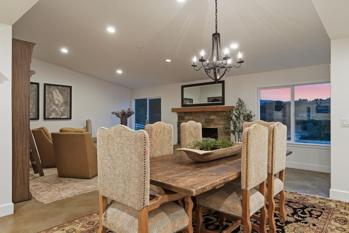 Chandelier, Dining room, Fireplace, Interior, Recessed Lighting