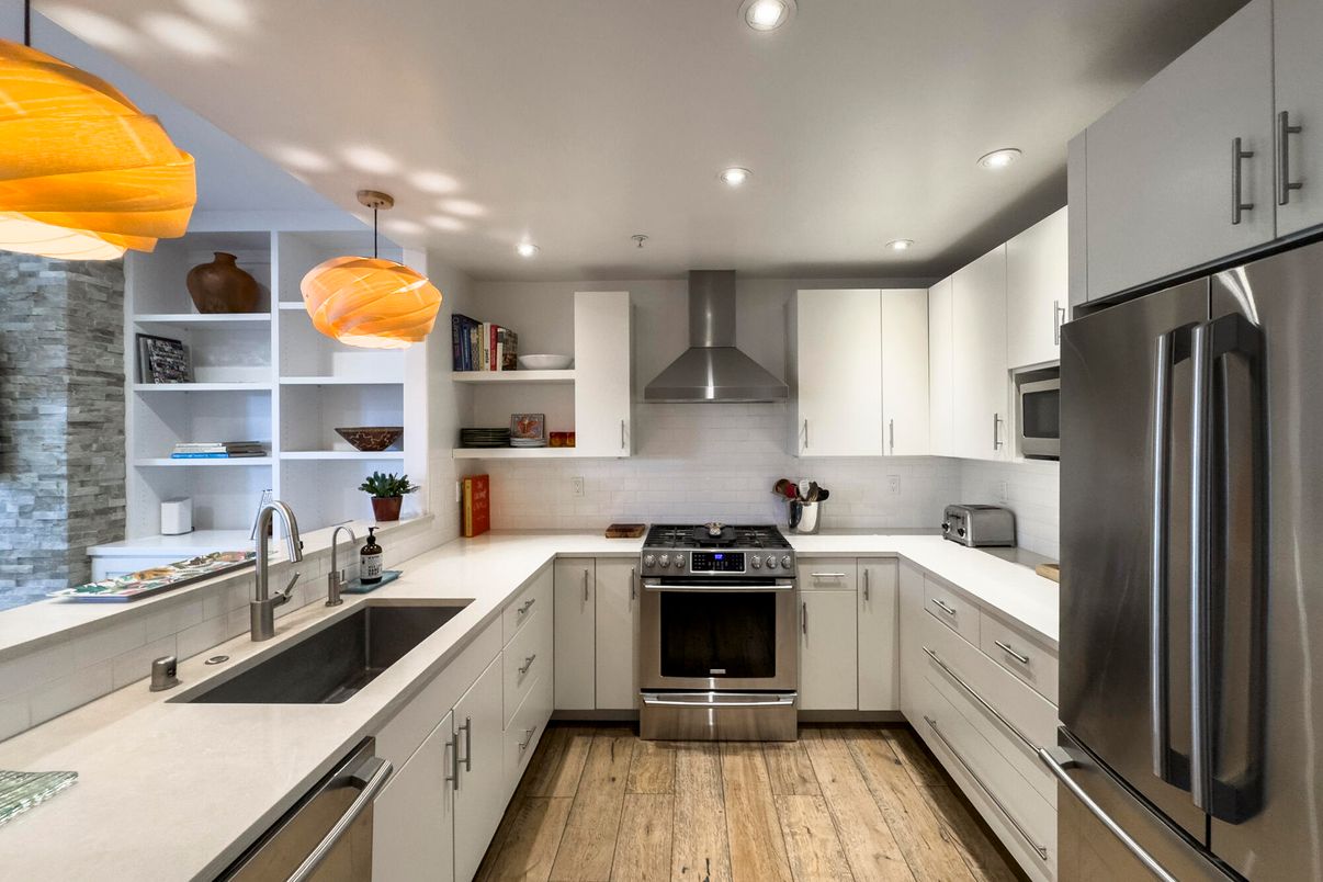 Interior, Kitchen, Pendant Lights, Recessed Lighting, Stainless Steel Appliances, Wood Texture Flooring