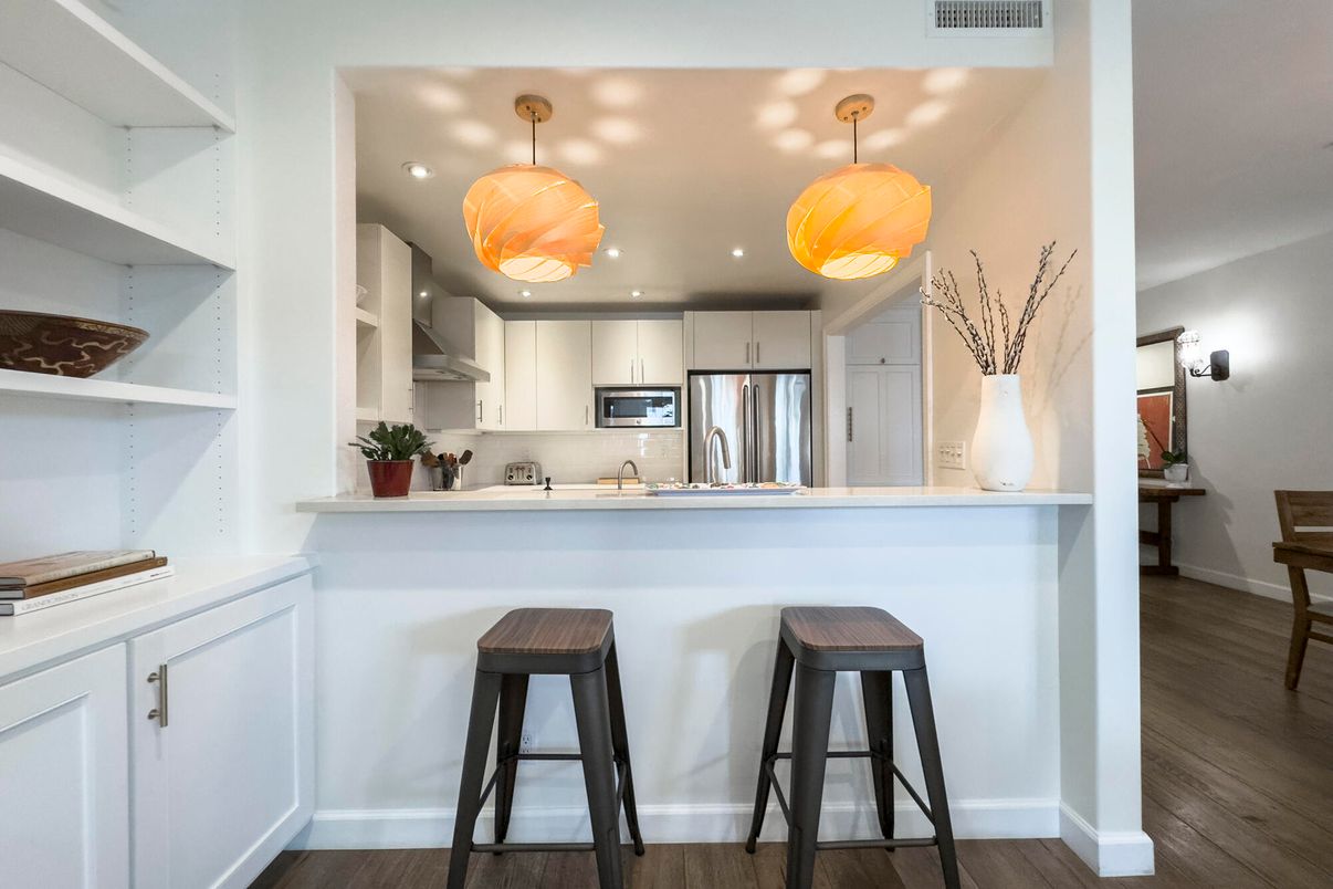 Interior, Kitchen, Pendant Lights, Recessed Lighting, Stainless Steel Appliances, Wood Texture Flooring
