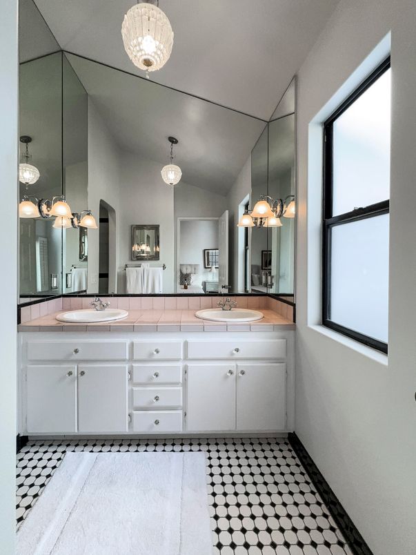 Bathroom, Dual Sink Vanities, Interior, Pendant Lights, Tile Countertops