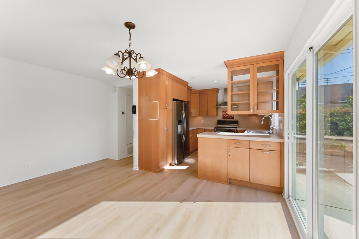 Chandelier, Interior, Kitchen, Recessed Lighting, Stainless Steel Appliances, Wood Texture Flooring