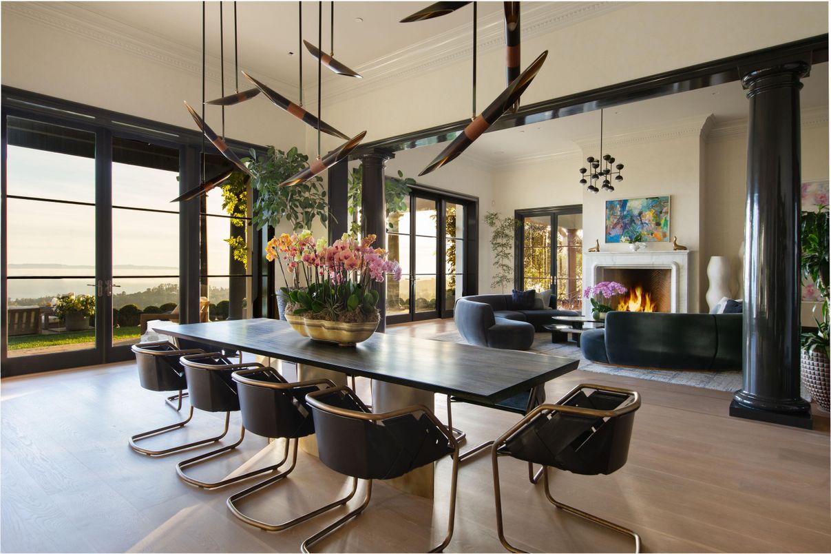 Dining room, Fireplace, Interior, Living room, Pendant Lights, Wood Texture Flooring