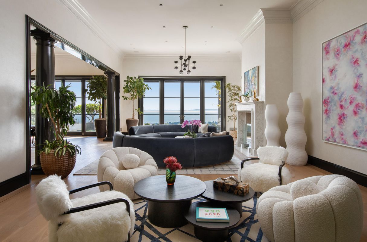 Fireplace, Interior, Living room, Pendant Lights, Recessed Lighting, Water, Wood Texture Flooring