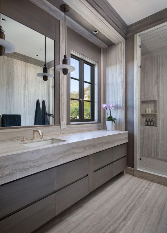 Bathroom, Dual Sink Vanities, Interior, Pendant Lights, Recessed Lighting, Wood Texture Flooring