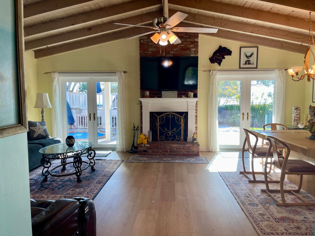 Chandelier, Dining room, Fireplace, Interior, Wooden Beams, Wooden Ceilings, Wood Texture Flooring