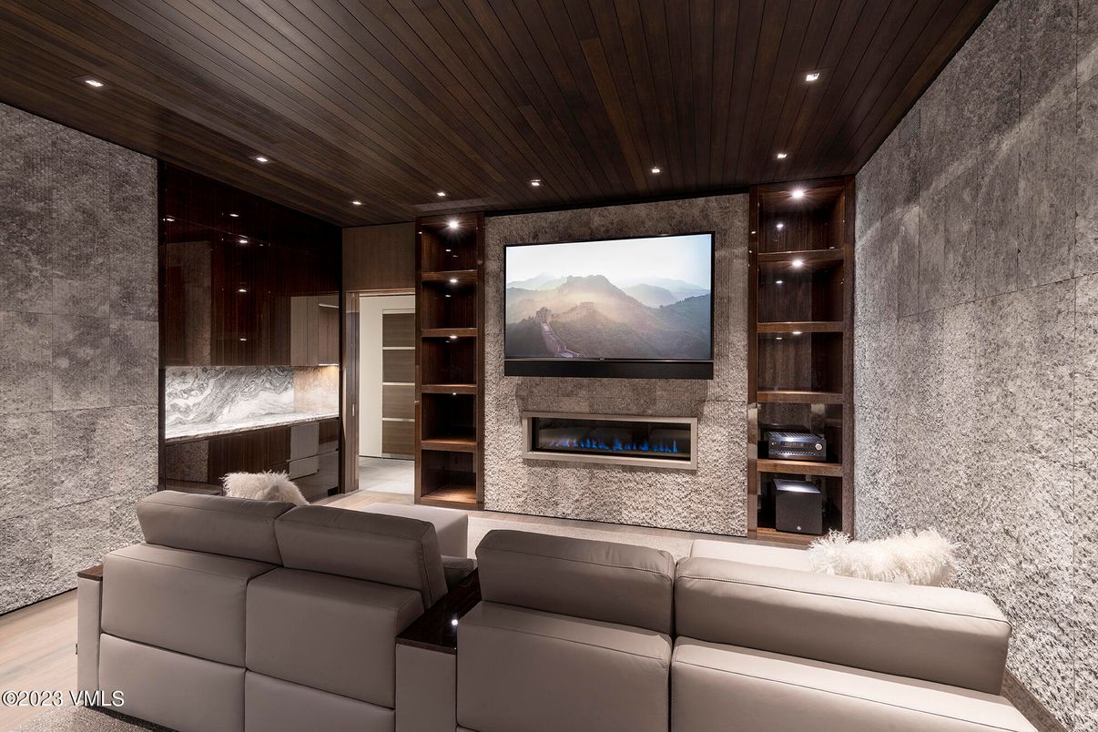 Fireplace, Interior, Living room, Recessed Lighting, Wooden Ceilings, Wood Texture Flooring