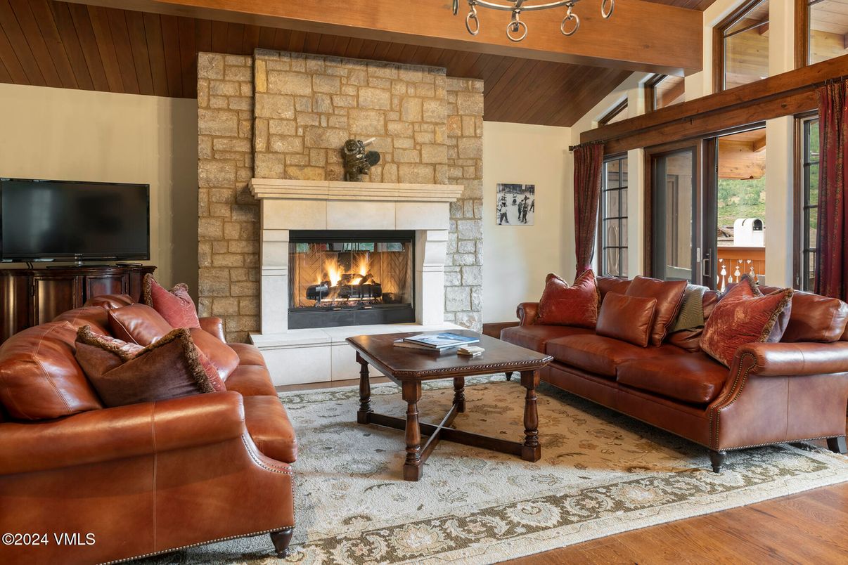 Fireplace, Interior, Living room, Stone Walls, Wooden Ceilings, Wood Texture Flooring