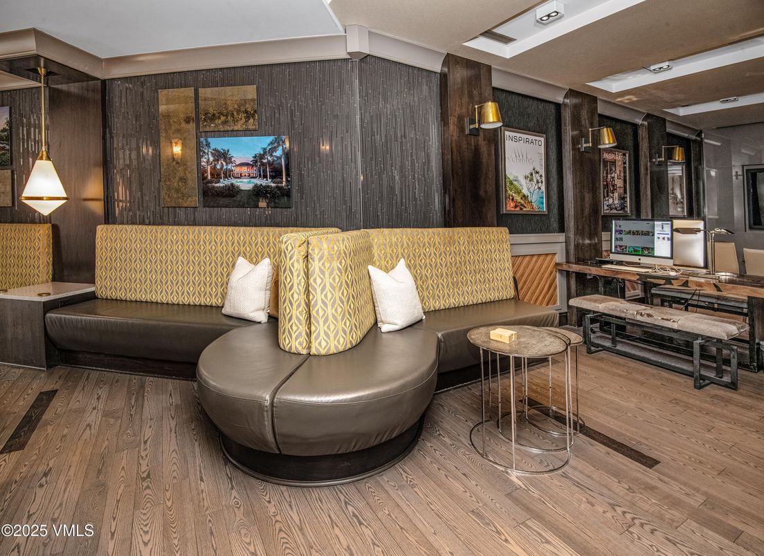 Home Office, Interior, Living room, Recessed Lighting, Wood Texture Flooring, Wooden Walls