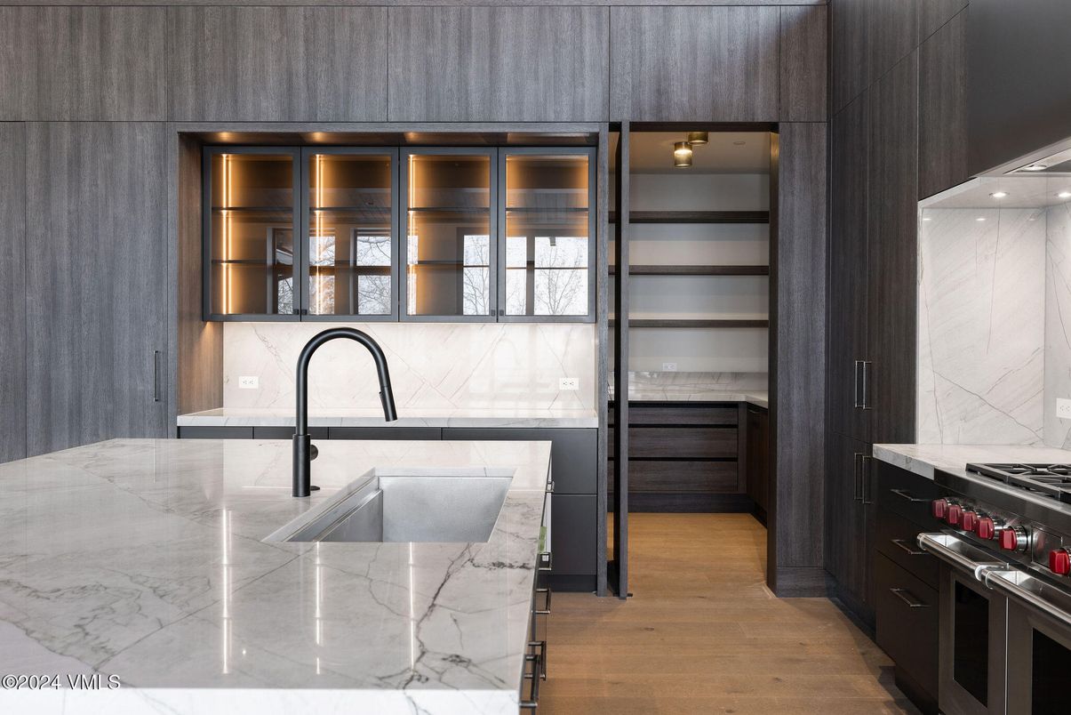 Interior, Kitchen, Marble Walls, Stainless Steel Appliances, Wood Texture Flooring