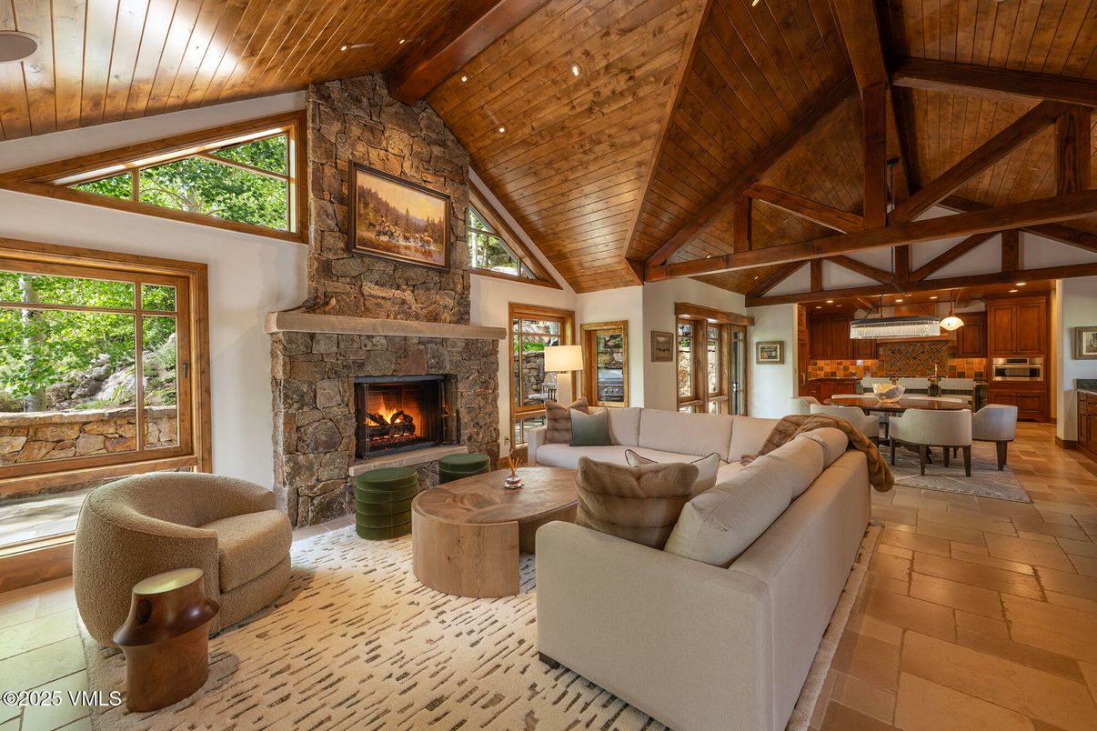 Dining room, Fireplace, Interior, Kitchen, Living room, Pendant Lights, Recessed Lighting, Stone Walls, Wooden Beams, Wooden Ceilings