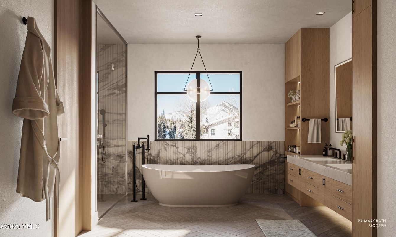 Bathroom, Free Standing Baths, Glass Shower, Interior, Pendant Lights, Recessed Lighting