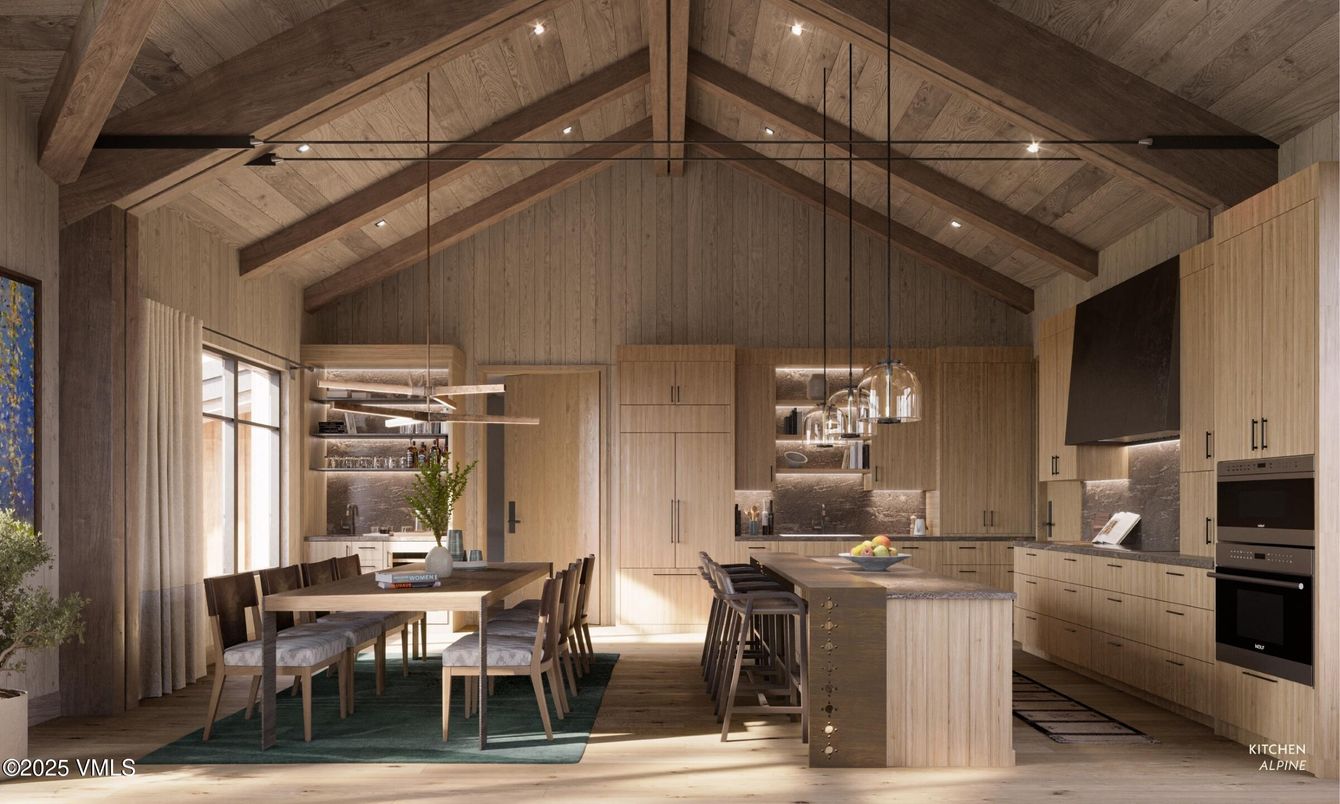 Dining room, Interior, Kitchen, Pendant Lights, Stainless Steel Appliances, Wooden Beams, Wooden Ceilings, Wood Texture Flooring