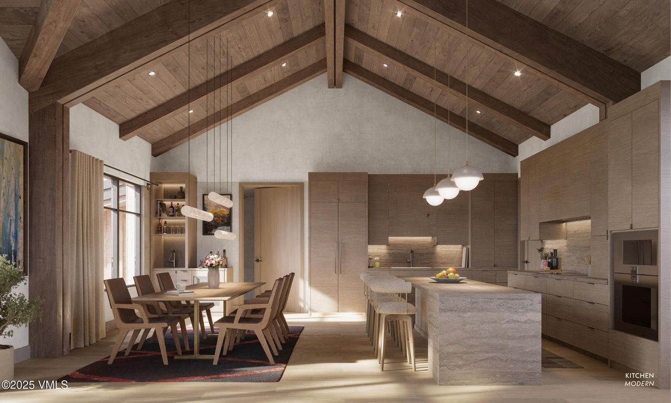 Dining room, Interior, Kitchen, Pendant Lights, Recessed Lighting, Stainless Steel Appliances, Wooden Beams, Wooden Ceilings