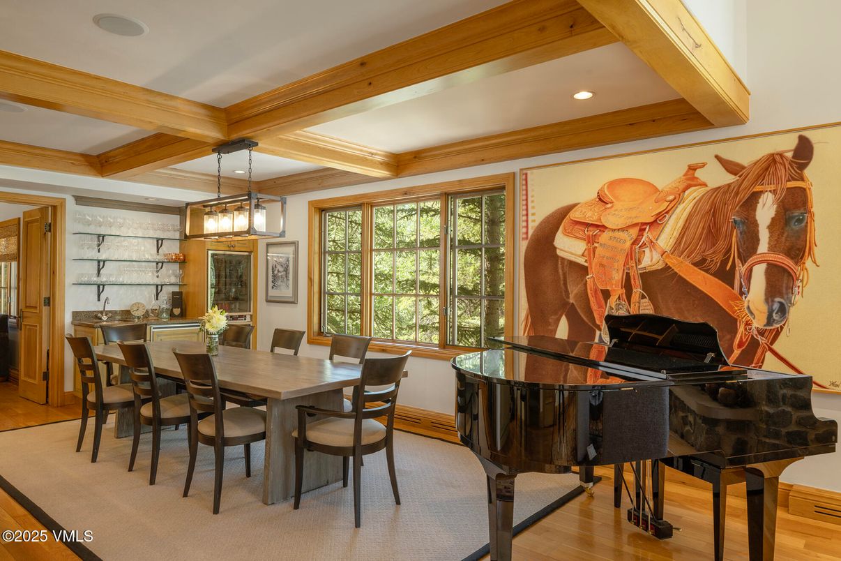 Dining room, Interior, Pendant Lights, Piano, Recessed Lighting, Wooden Beams, Wood Texture Flooring