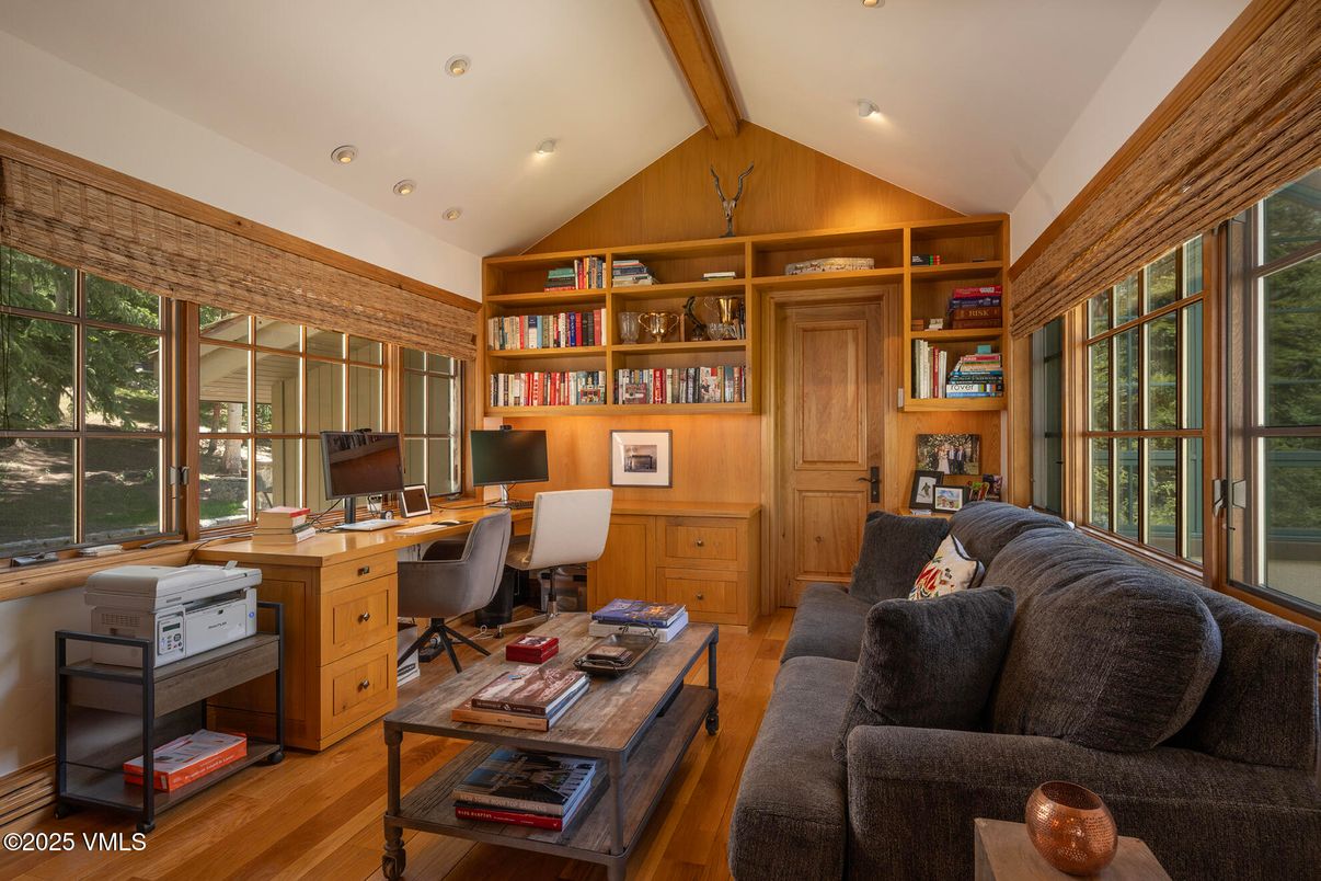 Home Office, Interior, Recessed Lighting, Wooden Beams, Wood Texture Flooring