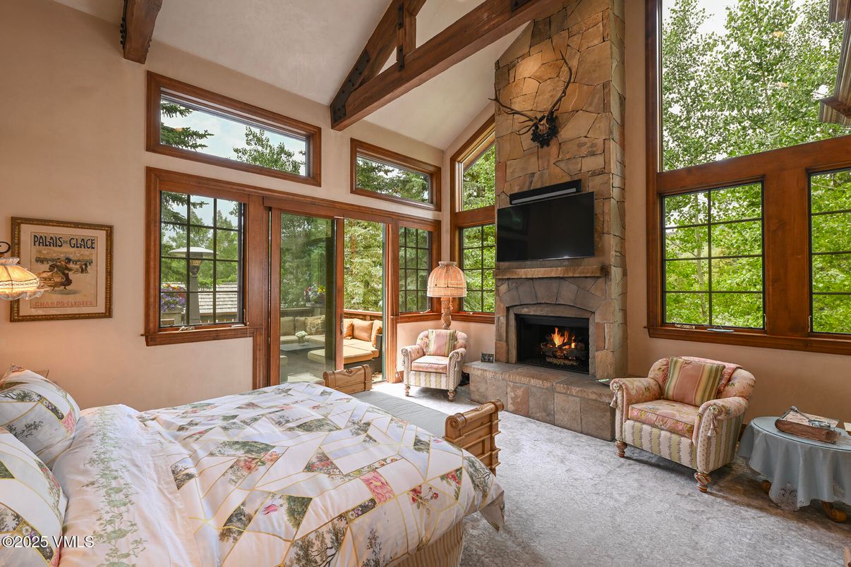 Bedroom, Fireplace, Interior, Stone Walls, Wooden Beams