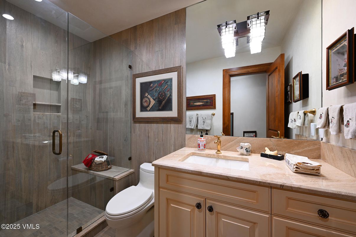 Bathroom, Glass Shower, Interior, Recessed Lighting, Tile Countertops