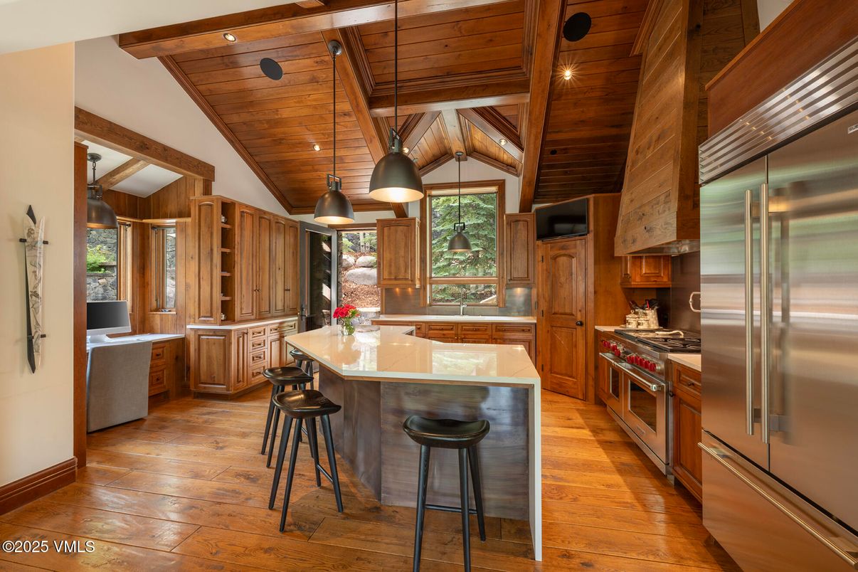 Interior, Kitchen, Pendant Lights, Recessed Lighting, Stainless Steel Appliances, Wooden Beams, Wooden Ceilings, Wood Texture Flooring
