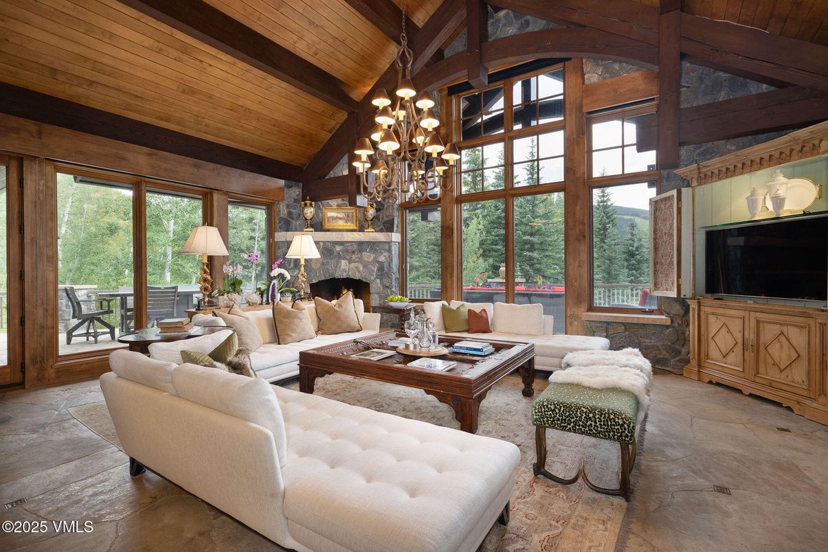 Chandelier, Fireplace, Interior, Living room, Wooden Beams, Wooden Ceilings