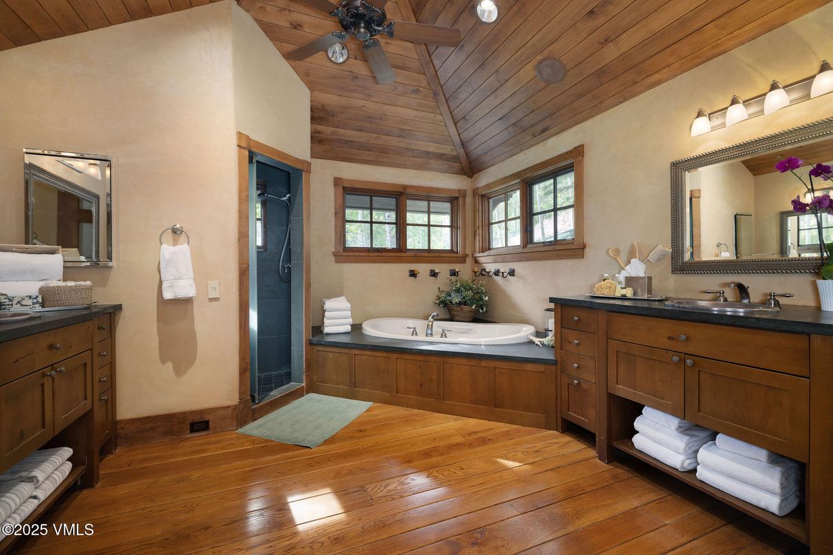 Bathroom, Dual Sink Vanities, Interior, Wooden Ceilings, Wood Texture Flooring