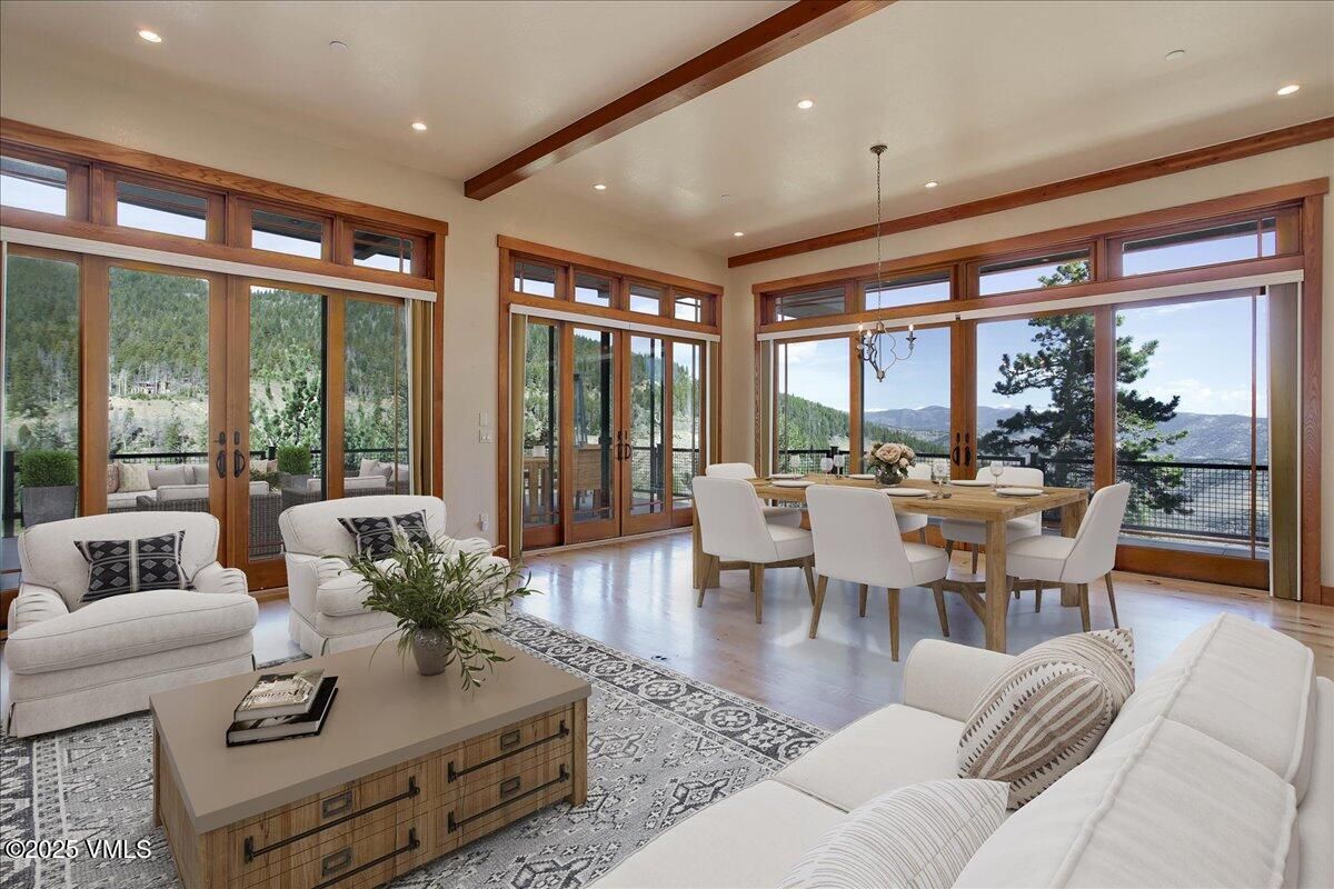 Dining room, Interior, Living room, Pendant Lights, Recessed Lighting, Wooden Beams, Wood Texture Flooring