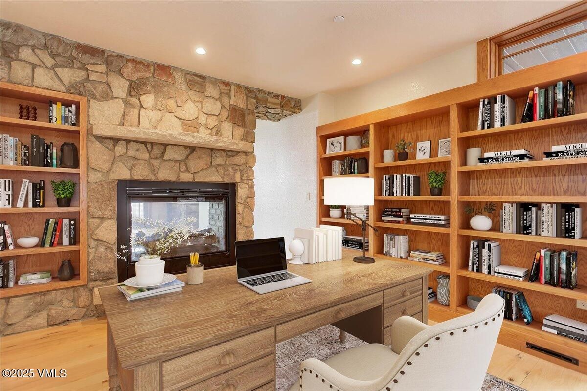 Fireplace, Home Office, Interior, Recessed Lighting, Stone Walls, Wood Texture Flooring