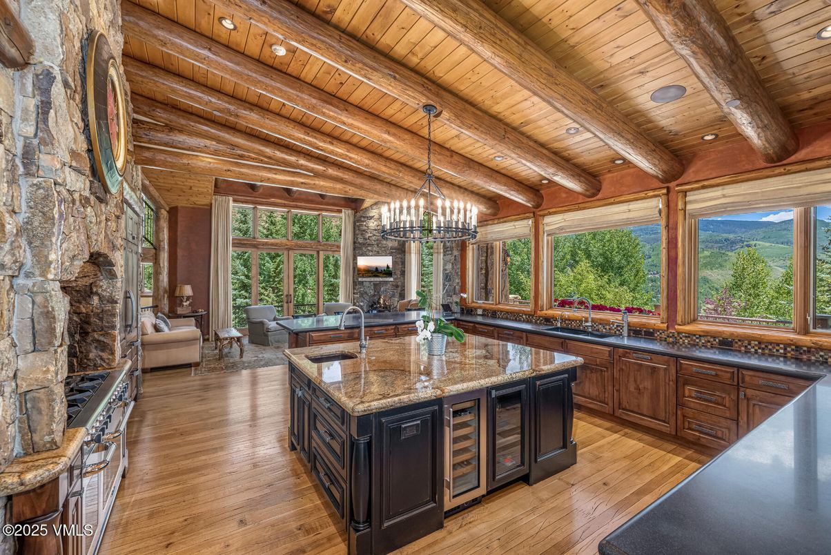 Chandelier, Interior, Kitchen, Living room, Recessed Lighting, Wooden Beams, Wooden Ceilings, Wood Texture Flooring